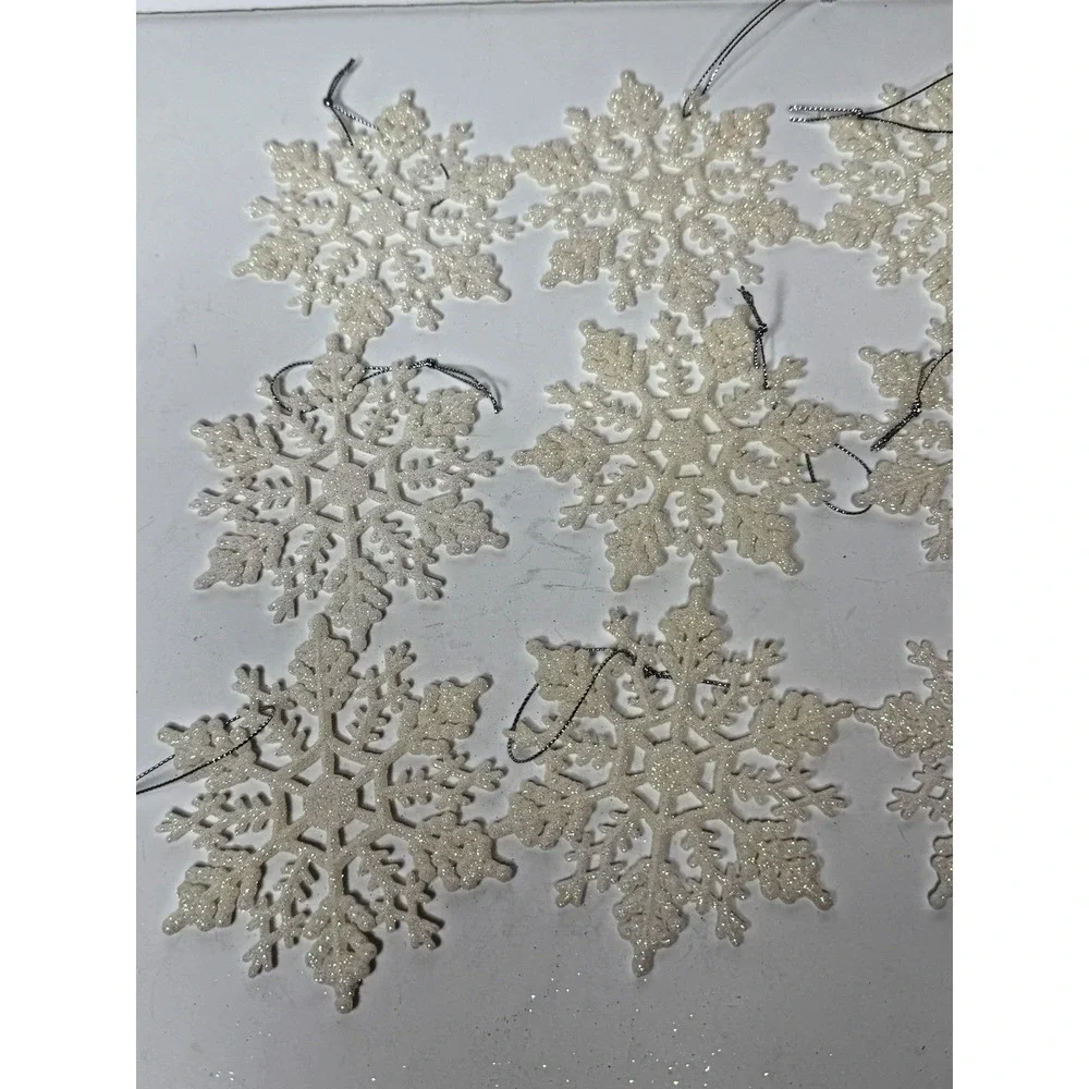 Lot of 12 Cream Ivory Glitter Snowflake Christmas Ornaments Holiday Decor